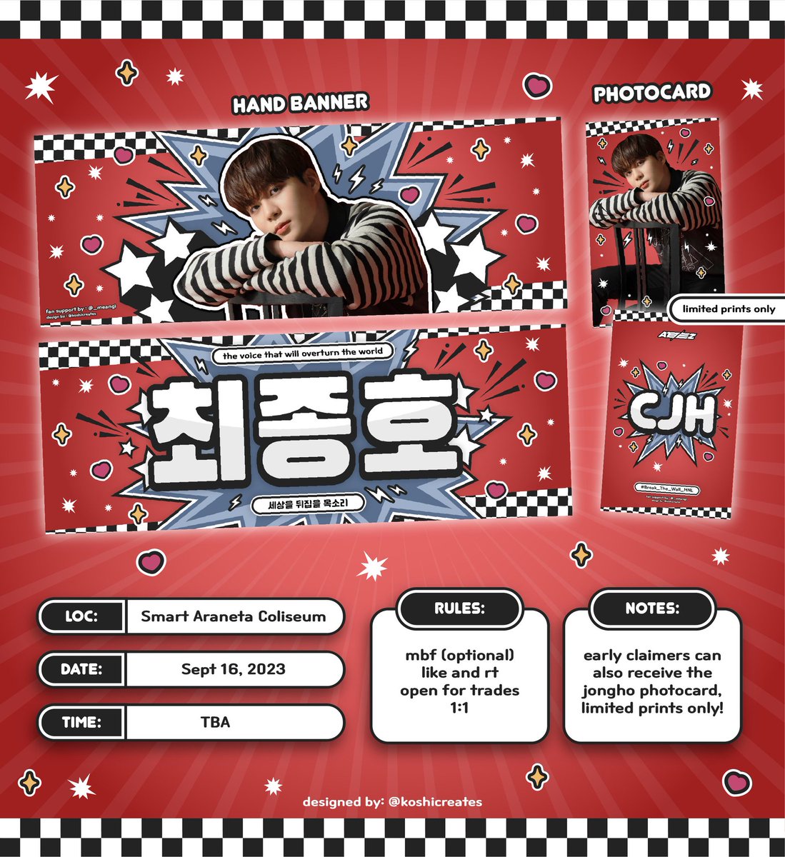 _meangi's tweet image. ATEEZ: BREAK THE WALL MANILA
ʕ•ᴥ•ʔ Jongho hand banner/pc freebies 
by @_meangi

⤷ rt + like
⤷ exact loc and time : tba 
⤷ bookmark thread/qrts for updates
⤷ limited qty for the pc 

see u soon bebes 😁

#Break_The_Wall_MNL #FilotinyFreebies #Break_The_Wall #ATEEZ #에이티즈