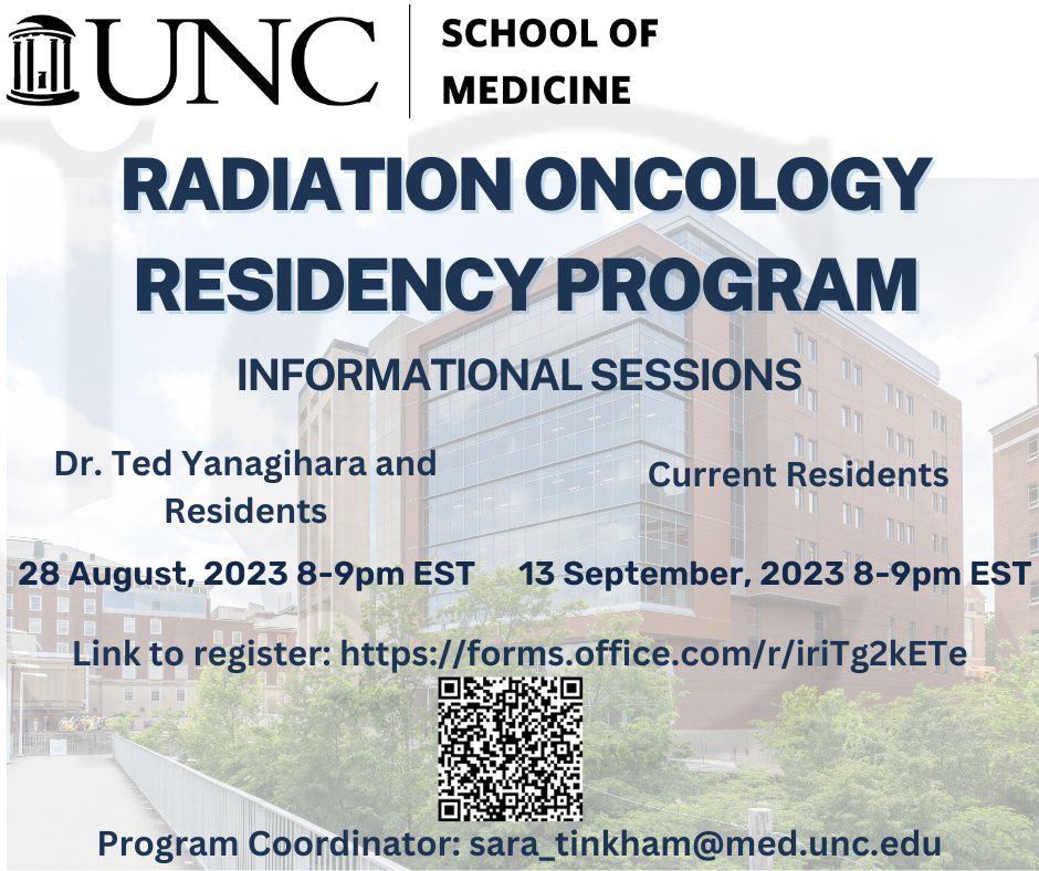 #MedStudents interested in #radonc, come to our virtual meet and greets on 8/28 and 9/13. Learn more about our program and life in the Triangle. 🩵 #Match2024 #medicalstudent @ARRO_org @UNC_Health_Care @UNC_Lineberger @UNC_SOM @Inside_TheMatch @RadOncEventsBot Register 👇