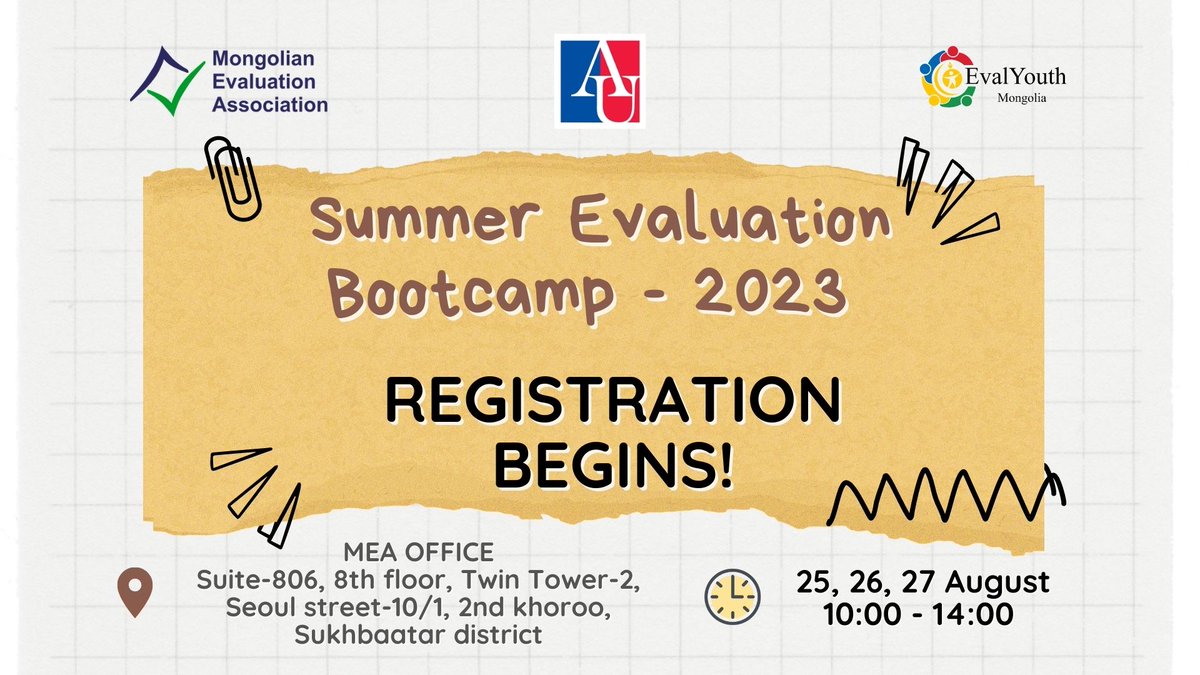 MonEvalAssoc's tweet photo. Registration for the “Summer Evaluation Bootcamp” of Mongolian Evaluation Association is open now. It is organized with American University's Measurement &amp; Evaluation Program, and members only event. Please apply here: https://t.co/9632lvZNlJ https://t.co/EVeM6Nt521