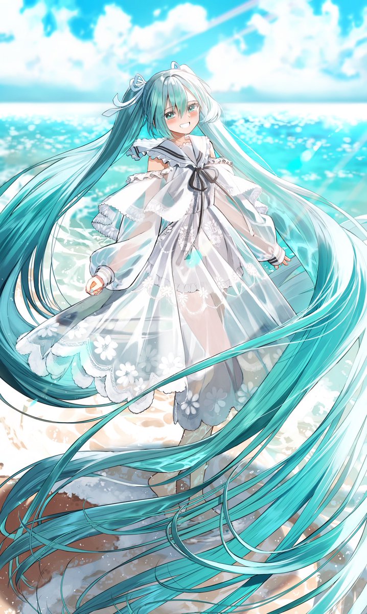 hatsune miku 1girl dress solo long hair twintails very long hair beach  illustration images