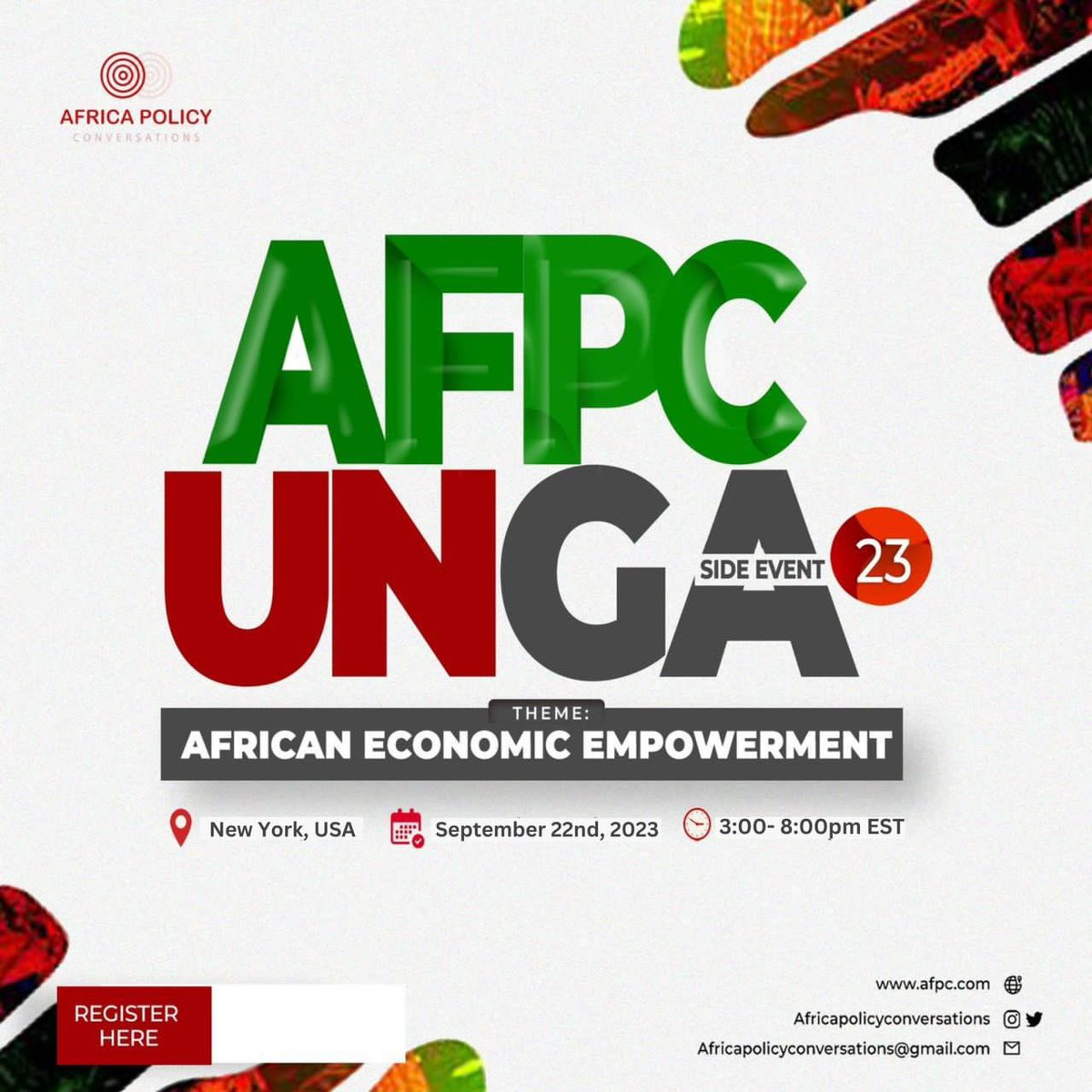 LetsTalkPolicy_'s tweet photo. Mark your calendar: AfPC-UNGA Side Event tagged, *'African Empowerment Summit 2023'* with the theme, 'African Economic Empowerment'

Join us in New York on Sept 22nd, 3:00pm-8:00pm, as we delve into strategies driving Africa's growth. 

Interested in partnership or sponsorship? https://t.co/bSbzYmu2Nl