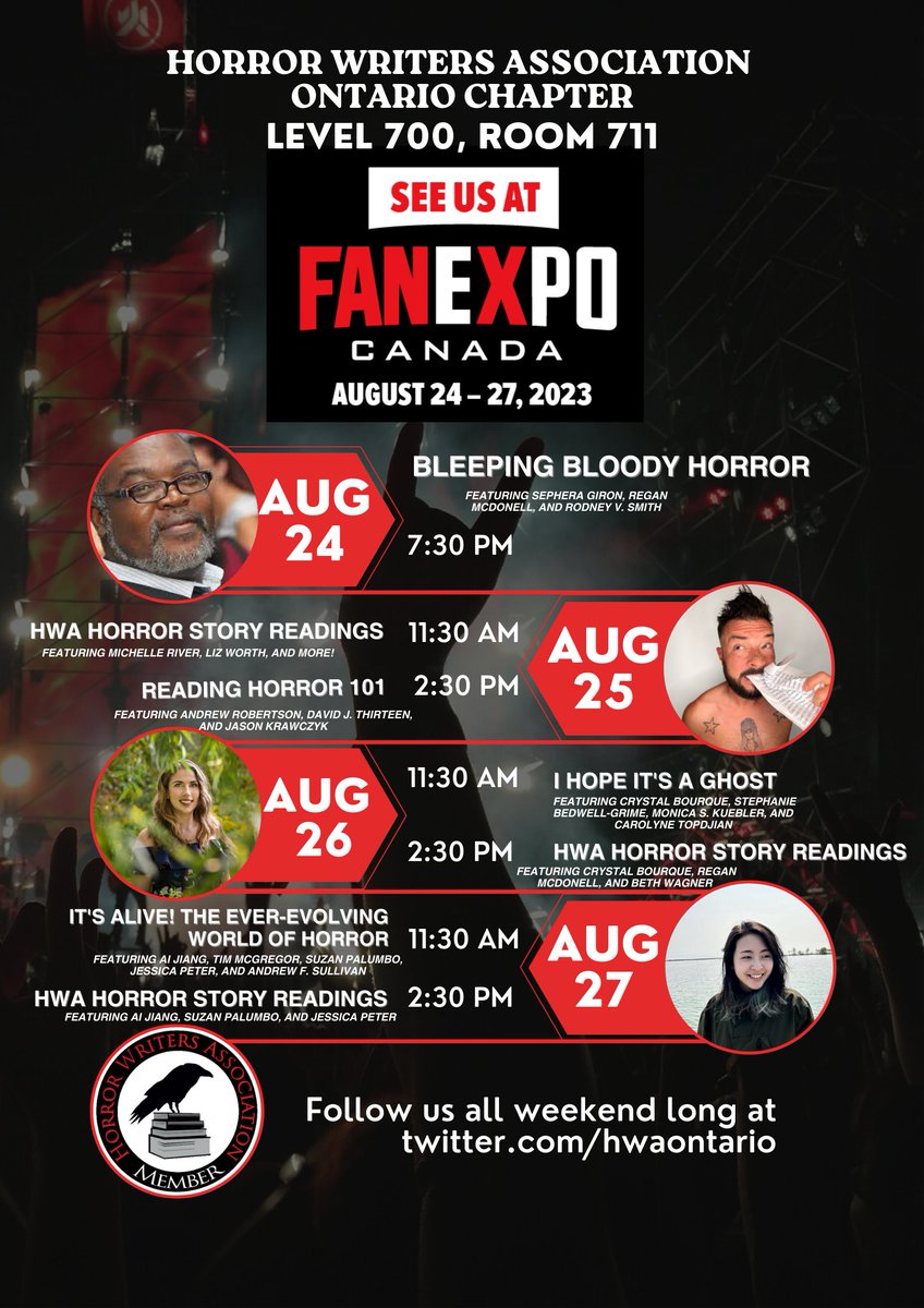 HWAOntario's tweet image. What a lineup! #HWAOntario is excited to announce our @FANEXPOCANADA #horror program, with panels and readings by @HorrorWriters members and more! Join us at LEVEL 700, ROOM 711, and follow us on Twitter all weekend long. #fanexpocanada #Toronto #Ontario
