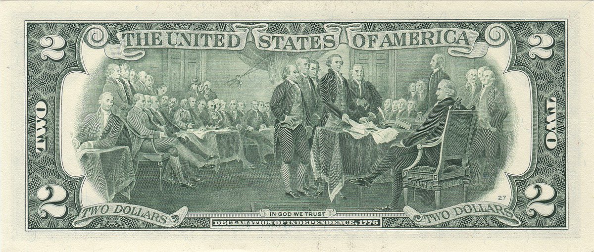 Watrfrnt's tweet photo. @ForestMommy IT’S A FEDERAL RESERVE NOTE! Fiat money, not backed by anything except your agreement to accept it. If you must use any FRN I suggest the $2 note. Thomas Jefferson is on the front and the signing of the Declaration of Independence is on the back. It speaks to the 2nd amendment. https://t.co/zgIdqM4Jfy