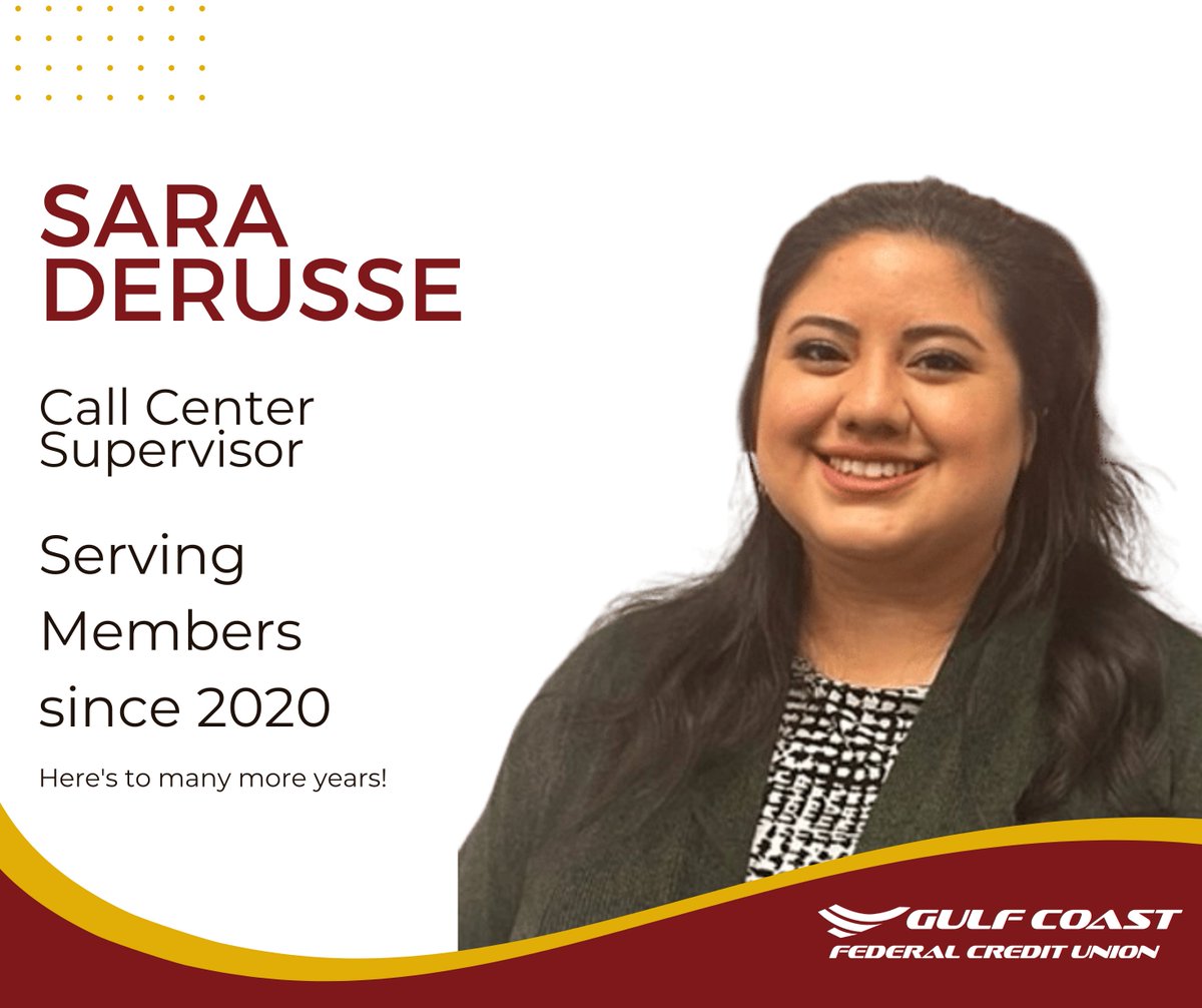 gulfcoastfcu's tweet photo. We are excited to announce Sara DeRusse's promotion to Call Center Supervisor ! Well done, and best wishes in your new role, Sara!
| #ccgcfcu | #CorpusChristi | #alicetx | #portlandtx | #calallen | #banking | #portaransas https://t.co/raVLcqqQW9