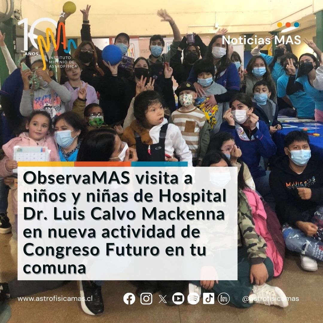 astrofisicaMAS's tweet photo. ✨#ObservaMAS Hace algunos días, tuvimos la suerte de compartir con niños y niñas del @HCalvoMackenna en el marco de @congresofuturo en tu comuna.
Hicimos nebulosas✨con los estudiantes del Colegio Hospitalario y visitamos algunas salas oncológicas para hablar de habitabilidad. https://t.co/PWj0vdS8jl