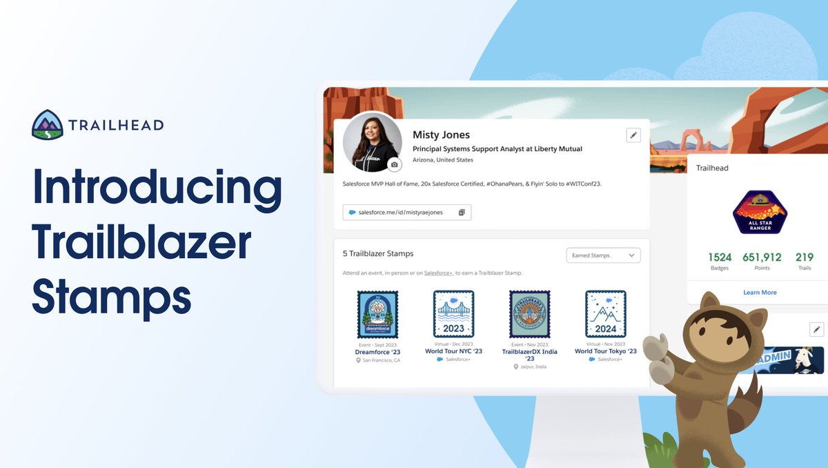 📣 Introducing Trailblazer Stamps! 📣 It's a new virtual reward that celebrates your experiential learning. 🎉 Attend a @Salesforce event like #DF23 in person or on Salesforce+ to earn a limited edition stamp as a souvenir. 👏 Happy earning ➡️: sforce.co/45idzjQ
