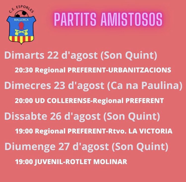 Bon dia,

Aquí teniu la previsió de partits per aquesta setmana.

Vos hi esperam a tots!!