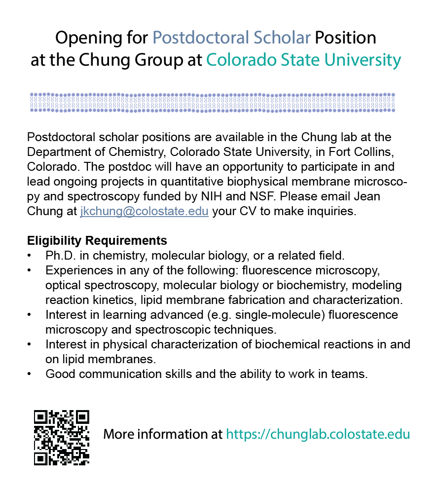 Postdoctoral scholar positions are available in the Chung Group. For more information, visit chunglab.colostate.edu