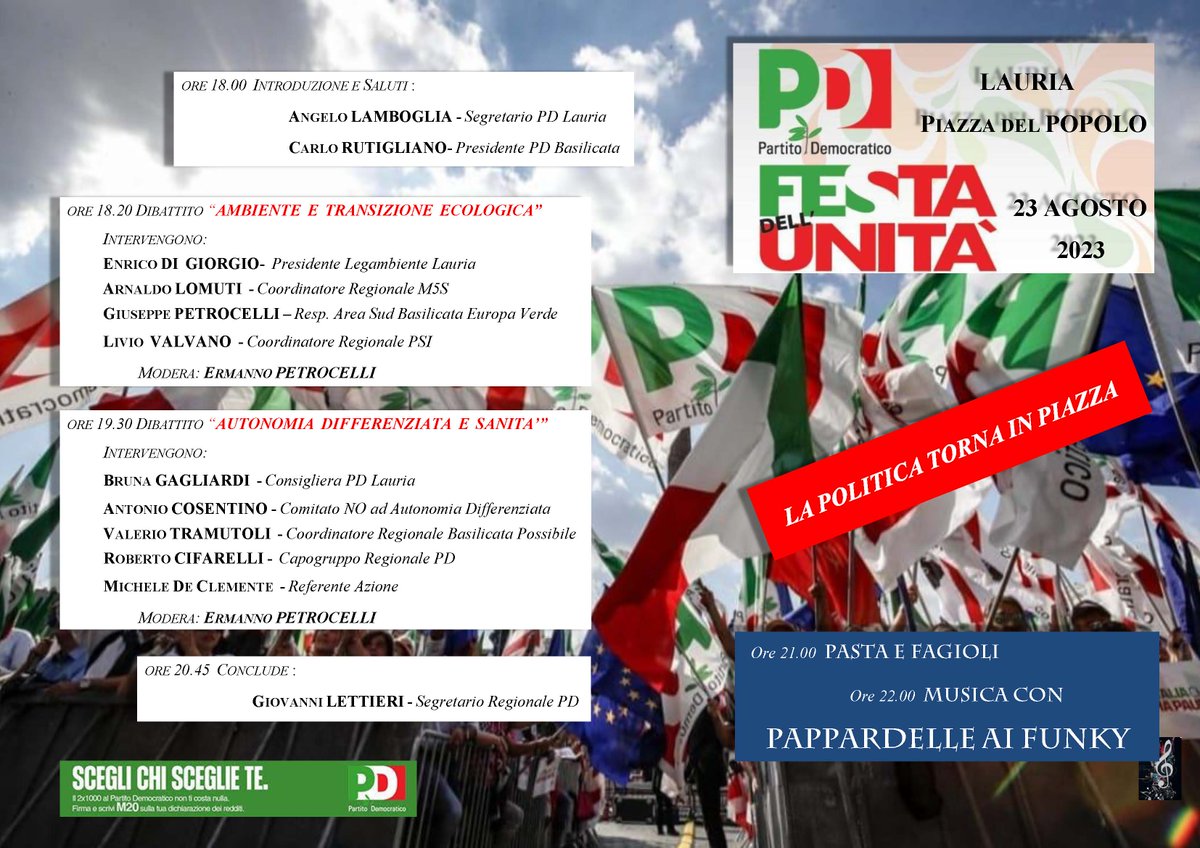 PdBasilicata's tweet photo. 📷SAVE THE DATE📷 23 agosto 2023 ore 18:00 #festadellunità a #Lauria ti aspettiamo non mancare... @pdlauria @lettierisegpd @pdnetwork @ellyesse @michelefina @amendolaenzo @robersperanza @rocifa1163 @ClaudioScarnat0  #estatemilitante #2xmille #M20 https://t.co/3E6TFZE9bL