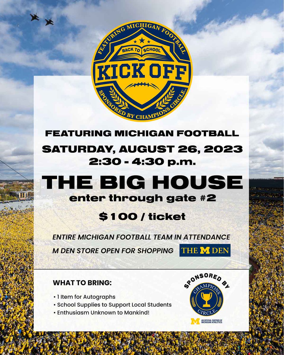 4 DAYS until the Back to School Kickoff featuring the @UMichFootball team! Tickets are limited - grab yours today. 📅 Saturday, August 26 | 2:30 p.m. 📍 The Big House 🎟️ rb.gy/vyajq
