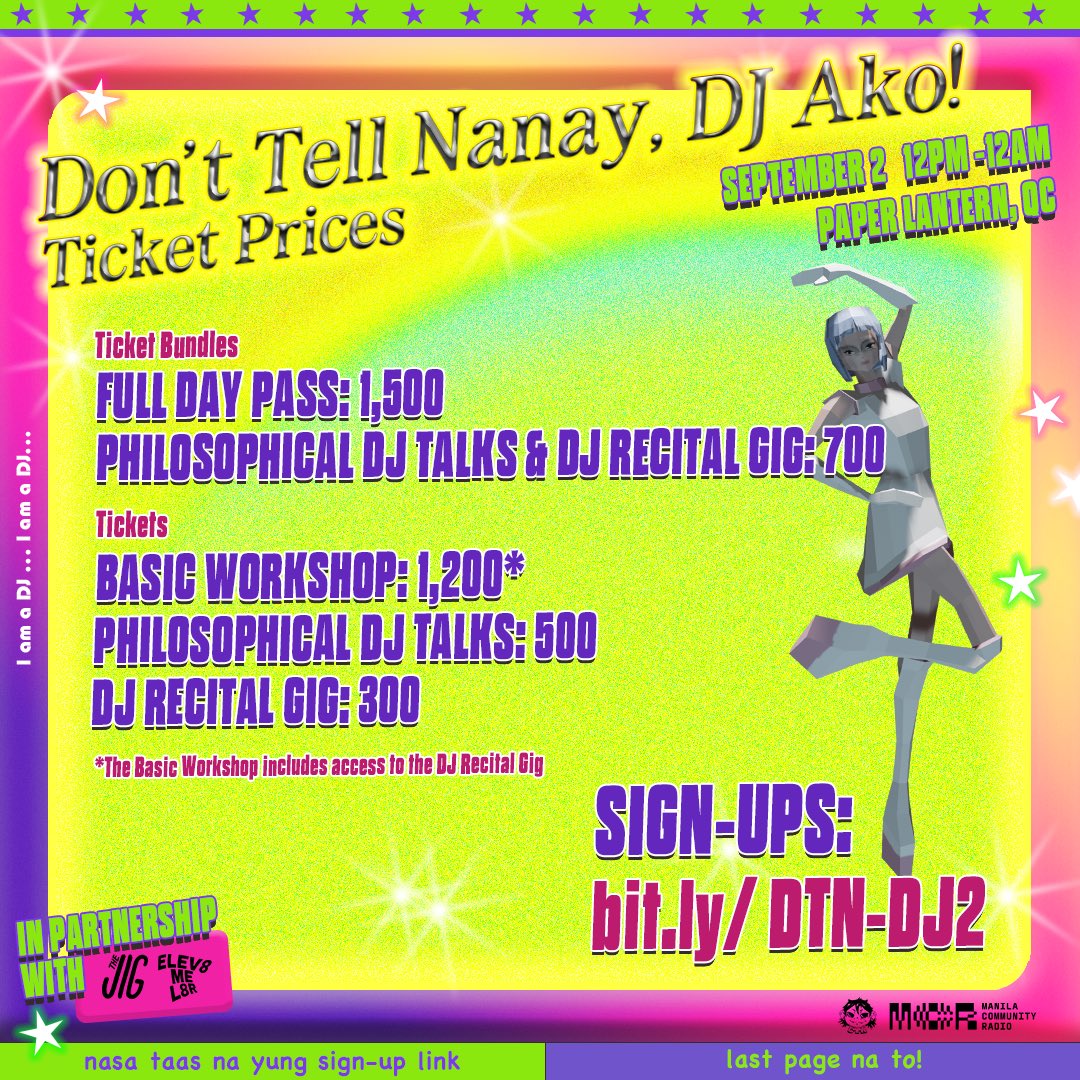 donttellnanay's tweet photo. DON'T TELL NANAY, DJ ULIT AKO! 🤪

due to popular demand, we're bringing back Don't Tell Nanay, DJ Ako! with the help of our friends from Manila Community Radio!

🔗 sign-up here: https://t.co/HGfOuIcs56 https://t.co/1QYQ3NAUU1