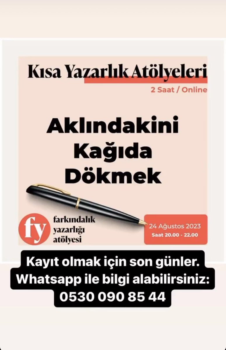 "Aklındakini Kağıda Dökmek" atölyesine kayıt olmak  için son günler... #yazarlıkatölyesi #yaratıcıyazarlık #farkındalıkyazarlığı #yazarlık #hikaye #edebiyat #kurmaca #yaratıcıyazma
