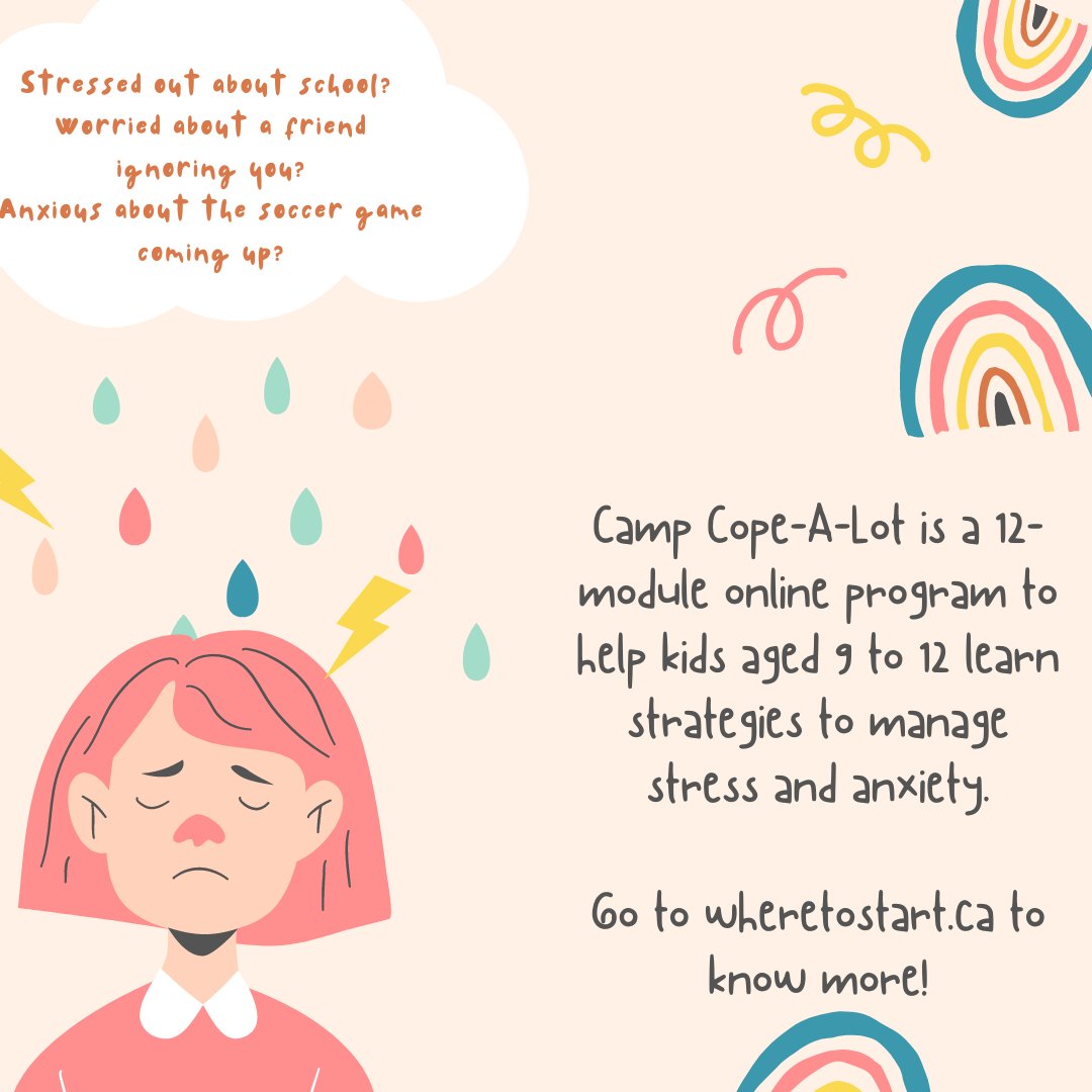 Is your child struggling with anxiety? Camp Cope-A-Lot is a 12-module online program to help kids aged 9 to 12 learn evidence-based strategies to understand and manage stress and fears with the help of a coach. Call our Intake team at 905-451-4655 for more info or to register.