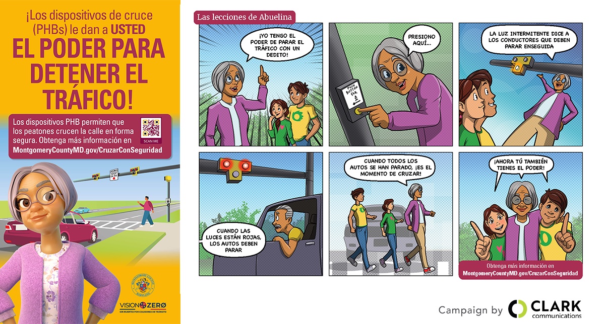 clarkconcepts's tweet photo. We launched a Spanish-first communication campaign for @MontgomeryCoMD's Vision Zero program using the “La Abuelina” family to inform drivers and pedestrians to use pedestrian hybrid beacons safely. Learn more at https://t.co/2BlOFOBh5A

#PedestrianSafety #PHBs #VisionZero https://t.co/7ayxakVmep