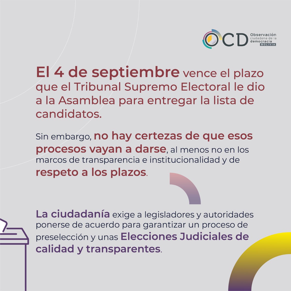 #PreseleccionJudiciales2023 #EleccionesJudicialesBolivia

La ciudadanía exige Elecciones Judiciales de calidad y transparentes.

<a href="/TSEBolivia/">TSE Bolivia</a> <a href="/SenadoBolivia/">Senado de Bolivia</a>