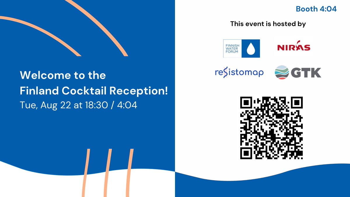 🇫🇮✨🥂Welcome to the Finland Cocktail Reception at 18:30, Booth 4:04. Just after the Junior Water Prize at #WorldWaterWeek! Meet the Finnish experts in #innovative solutions for a #waterwise today! 

#Finnishwaterway #Wweek 
<a href="/resistomap/">Resistomap</a> <a href="/niras/">GC 14max</a> <a href="/GTK_FI/">GTK</a>