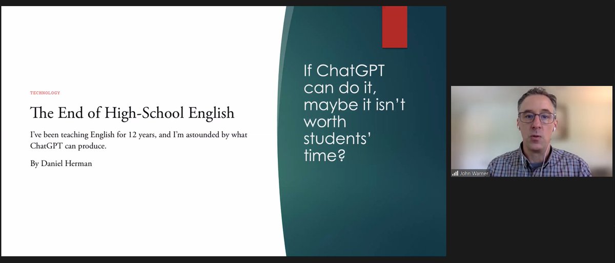 A really powerful question here from @biblioracle. How can we use the expectations in the new curriculum to design writing experiences for students that meaningfully engage them in learning and are ChatGPT-proof? @ELANontario #ELANanticipates