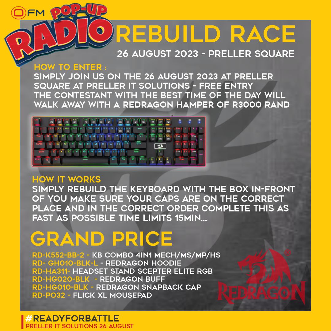 PrellerIt's tweet image. READY FOR BATTLE ? Join us at Preller It Solutions at @PrellerSquareShoppingCentre 26 Augustus from 9 - 12 For our @RedragonSa  Rebuild Race !
𝗦𝗧𝗔𝗡𝗗 𝗔 𝗖𝗛𝗔𝗡𝗖𝗘 𝗧𝗢 𝗪𝗜𝗡 𝗔 𝗥𝗘𝗗𝗥𝗔𝗚𝗢𝗡 𝗛𝗔𝗠𝗣𝗘𝗥 𝗪𝗢𝗥𝗧𝗛 𝗥𝟯𝟬𝟬𝟬 𝗥𝗔𝗡𝗗 !