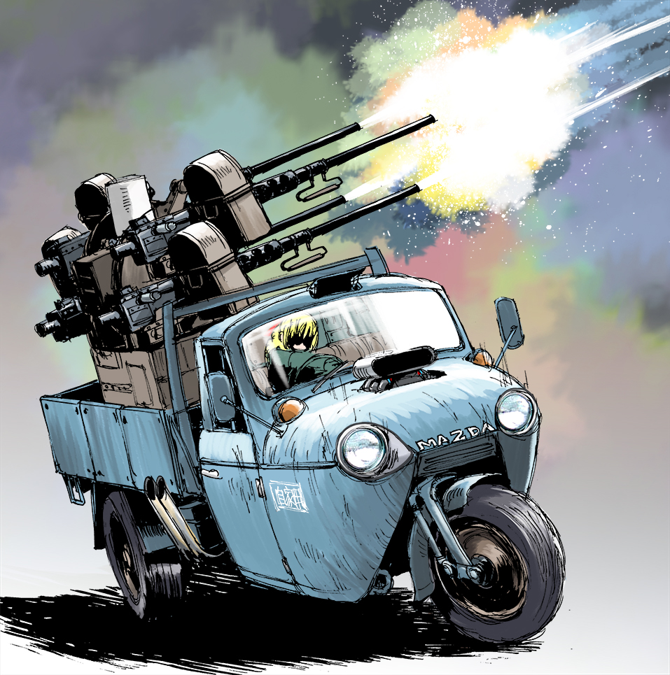 vehicle focus motor vehicle ground vehicle weapon gun blonde hair car  illustration images