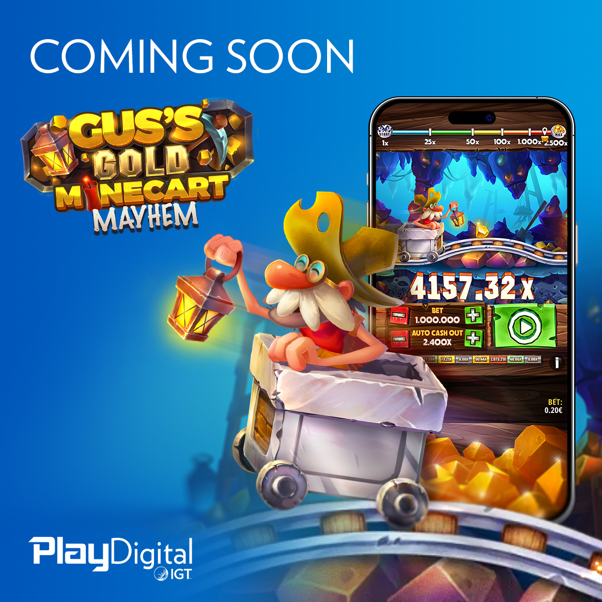 IGTPlayDigital's tweet photo. Join lucky prospector Gold Diggin’ Gus, in our first-ever Crash Game, heading deep into the mine to collect as many nuggets as he can before losing control! Learn more at https://t.co/Ke3XaZfdAZ
#MinecartMayhem #CrashGame #PlayDigital #Casino #iGaming #OnlineGames https://t.co/AtK5B6oLba