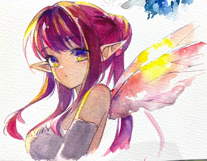 #ルーレットで絵を描こう #透明水彩 妖精×ピンク×夕焼け。ピンク色ってクセのある色ばっかりじゃないですか…???若干色塗り失敗した感! 