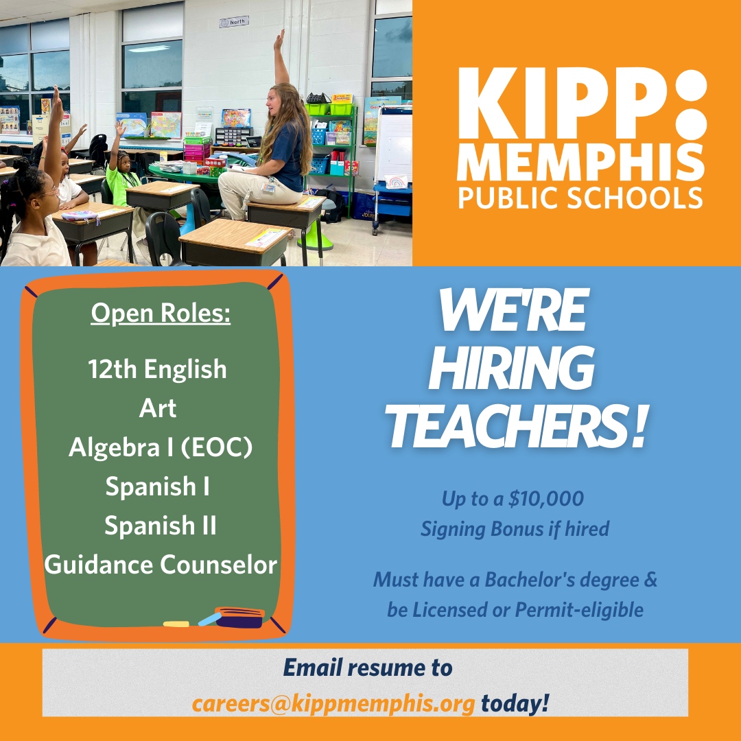 Teach901 (@teach901) on Twitter photo KIPP Memphis Public Schools has open roles for dedicated educators who are passionate about shaping young minds. Send your resume to careers@kippmemphis.org or call Travis Brown at 901-560-9732 today π©βπ«
See more jobs at our job board here β bit.ly/t901jobs KIPP Memphis Public Schools has open roles for dedicated educators who are passionate about shaping young minds. Send your resume to careers@kippmemphis.org or call Travis Brown at 901-560-9732 today π©βπ«
See more jobs at our job board here β bit.ly/t901jobs