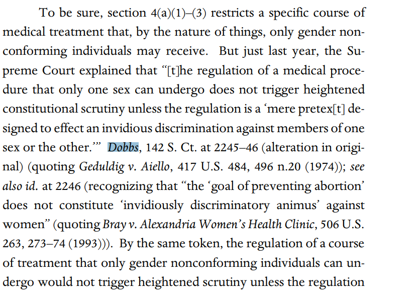 maryrziegler's tweet image. Dobbs is now emerging as a major argument for the constitutionality of bans on trans care for minors--in the context of both due process and equal protection, as this ruling confirms.