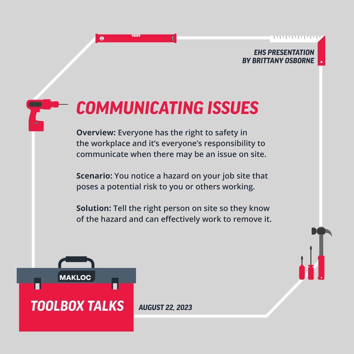 MaklocBuildings's tweet image. Tuesday Toolbox Talk: Communicating Issues! 🗣️🛠️ Your voice keeps us safe. Tell the right person about any hazards you see so we can stay safe together! #ToolboxTalks