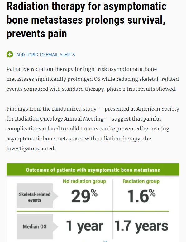 Randomized trial of prophylactic RT for asymptomatic bone mets prevents pain, skeletal events, and prolongs survival. When this study is published, I hope that the media covers it widely. #radonc ascopost.com/issues/decembe…