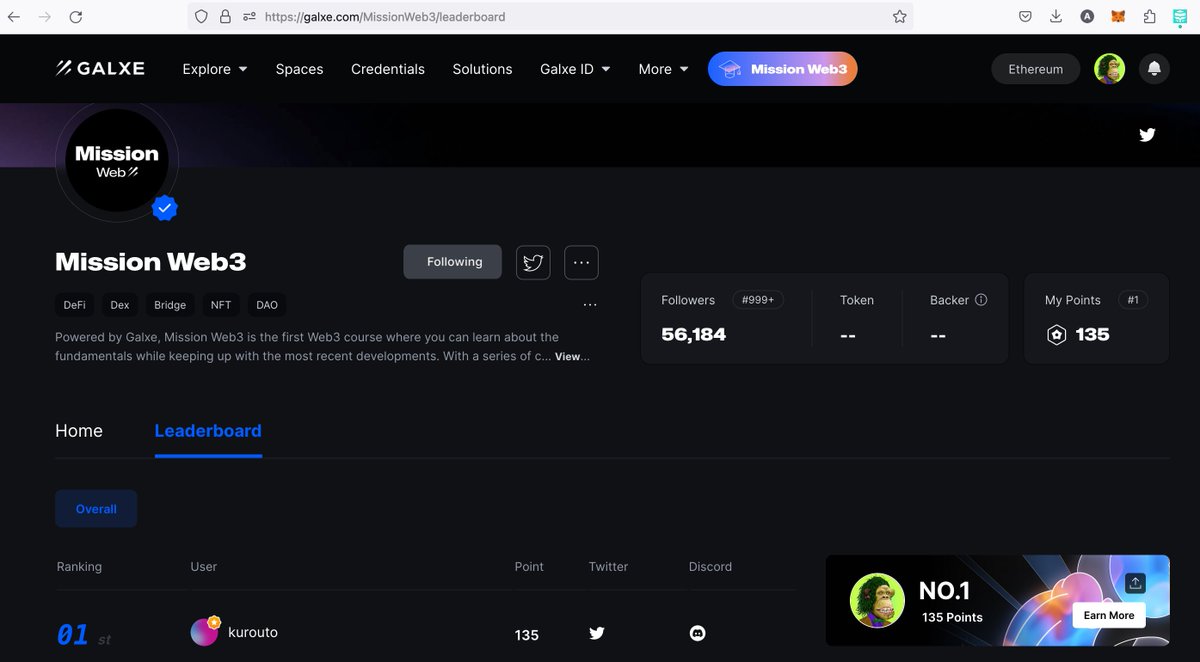 SaruCrypto's tweet image. #MissionWeb3
I got No.1🏁
Total 135 Points!!!
Thank you for #galxe 

Please follow the instructions below

#Airdrops #dump #bnb #cheo