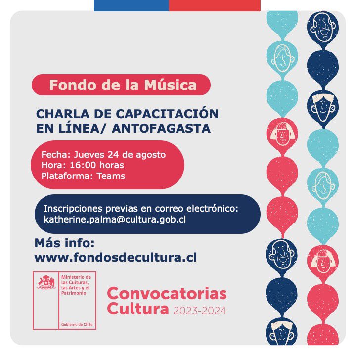 📣 Continúan las charlas de capacitación de 1ras. líneas Fondos de Cultura 2024, siendo este jueves 24 de agosto, a las 16 hrs. la charla del Fondo de la Música 🎶.

Para participar envía previamente correo a: katherine.palma@cultura.gob.cl para recibir link de conexión