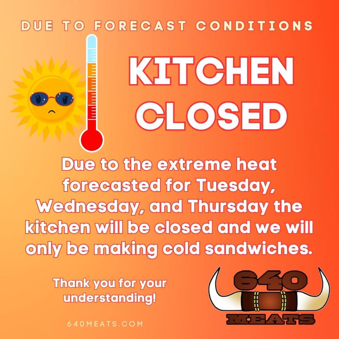 640Meats's tweet photo. 🥪COLD SANDWICHES ONLY🥪 
Due to the extreme heat 🔥☀️forecasted for Tues. ,Wed., &amp; Thursday, we will only be making cold deli sandwiches. Thank you for your understanding as we try and conserve energy for our refrigerators and freezers. 
#640MEATS #lovesparkil https://t.co/svCXdRawbx