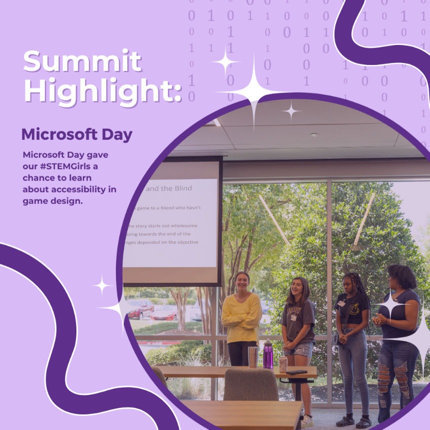 Microsoft Day gave our #STEMGirls a chance to learn how to incorporate #Accessibility into #VideoGames 

During the Summer Summit, our participants created games designed with disabled individuals in mind. At the end of the week, they put their #PresentationSkills to the test!