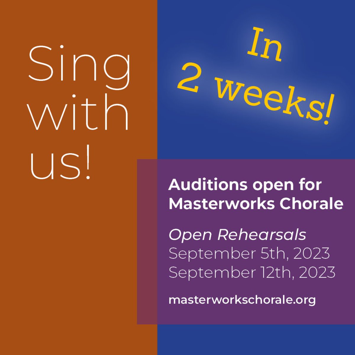 MasterworksMA's tweet photo. Don’t forget! Auditions during open rehearsals, Sept. 5th &amp; 12th, 7:30! This season, we’re excited to be performing Beethoven’s 9th! You won’t want to miss it! Visit the link in our bio to learn more!

#Auditions #Choir #BostonChoir #Masterworks #ArtsMatter #BeethovensNinth https://t.co/WWlC1sZxg0