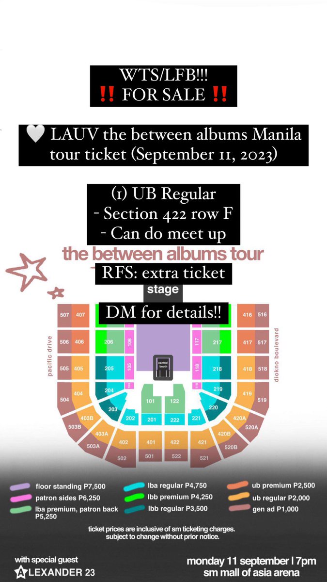 ernahanluvs's tweet photo. WTS/LFB!!!
‼️ FOR SALE ‼️

🤍 LAUV the between albums Manila tour ticket (September 11, 2023)

(1) UB Regular
- Section 422 row F
- Can do meet up (prio meet up around alabang/dasma cavite)

RFS: extra ticket

DM for details!!

🚫 SCAMMER

#LAUVTheBetweenAlbumsTour https://t.co/BvyYZmtl4A