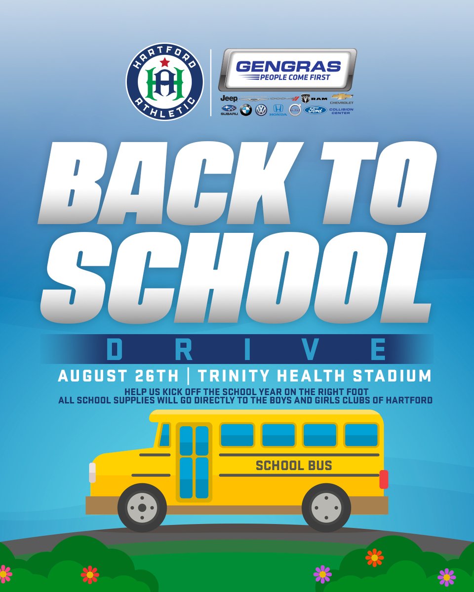 Help Us 'kick' off the school year on the right foot 🦵 Join us Saturday for our back-to-school supplies drive presented by @GengrasMotors! All school supplies will go directly to the @BGCHartford!