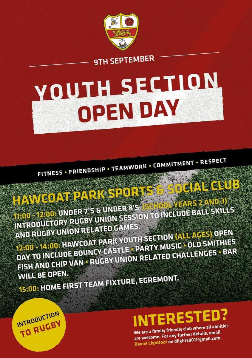 CumbriaRU's tweet photo. Great to see Hawcoat re-starting Youth Rugby.

Please share this open day 9/9/23;

11am-12pm - U7’s &amp; U8’s
12pm-2pm - All Ages Welcome to Open Fun Day 
3pm - Hawcoat Park vs Egremont Rugby Union Club 

If interested or for more info, please see details on the flyer below👇🏼 https://t.co/D3q3Q7V6FY