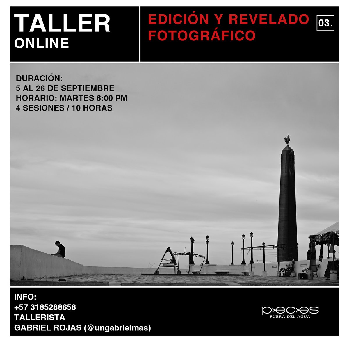 ¿Ya te enteraste de nuestro Taller online de edición y revelado fotográfico? 📸

Iniciamos el 5 de sept. 4 sesiones, 10 horas en total. Los martes a las 6:00pm COL.

El profe será <a href="/ungabrielmas/">Gabriel Rojas</a>, fotógrafo documental y de calle 🙌

¡Inscríbete!

pecesfueradelagua.com/2023/08/12/tal…