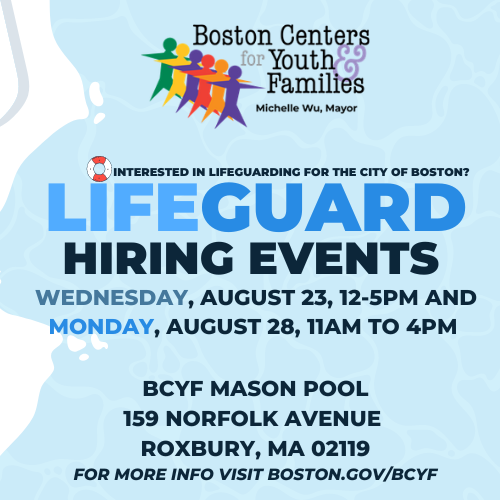 Tomorrow is the first of two lifeguard hiring events we are hosting at BCYF Mason Pool. If you are a current lifeguard looking for a great job with great benefits at a City of Boston pool, please come by and complete the application process in one location.