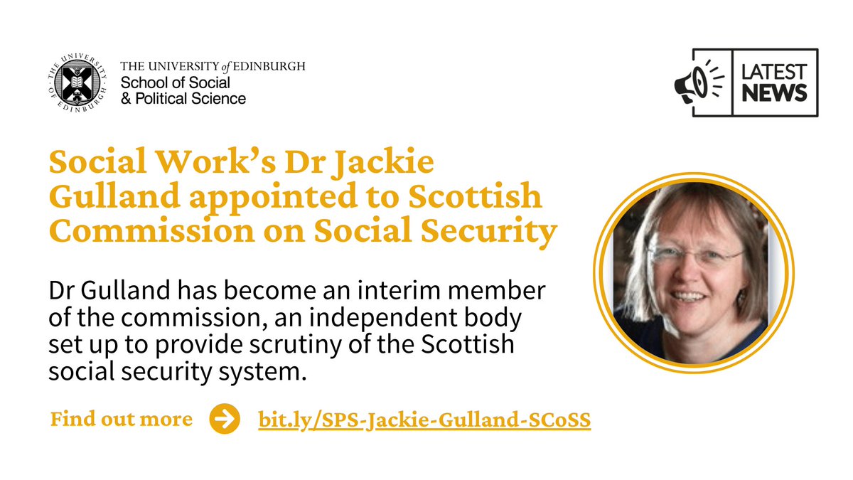 News: Congratulations to our own @JackieGulland from @SocialWorkEdinU on her appointment to the Scottish Commission on Social Security. @TheSCoSS Read more: bit.ly/SPS-Jackie-Gul…