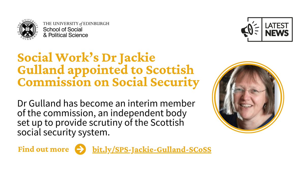 School of Social & Political Science Edinburgh (@uoessps) on Twitter photo News:
Congratulations to our own @JackieGulland from <a href="/SocialWorkEdinU/">SocialWorkUnivEdin</a> on her appointment to the Scottish Commission on Social Security. <a href="/TheSCoSS/">Scottish Commission on Social Security</a>
Read more: bit.ly/SPS-Jackie-Gul… News:
Congratulations to our own @JackieGulland from <a href="/SocialWorkEdinU/">SocialWorkUnivEdin</a> on her appointment to the Scottish Commission on Social Security. <a href="/TheSCoSS/">Scottish Commission on Social Security</a>
Read more: bit.ly/SPS-Jackie-Gul…
