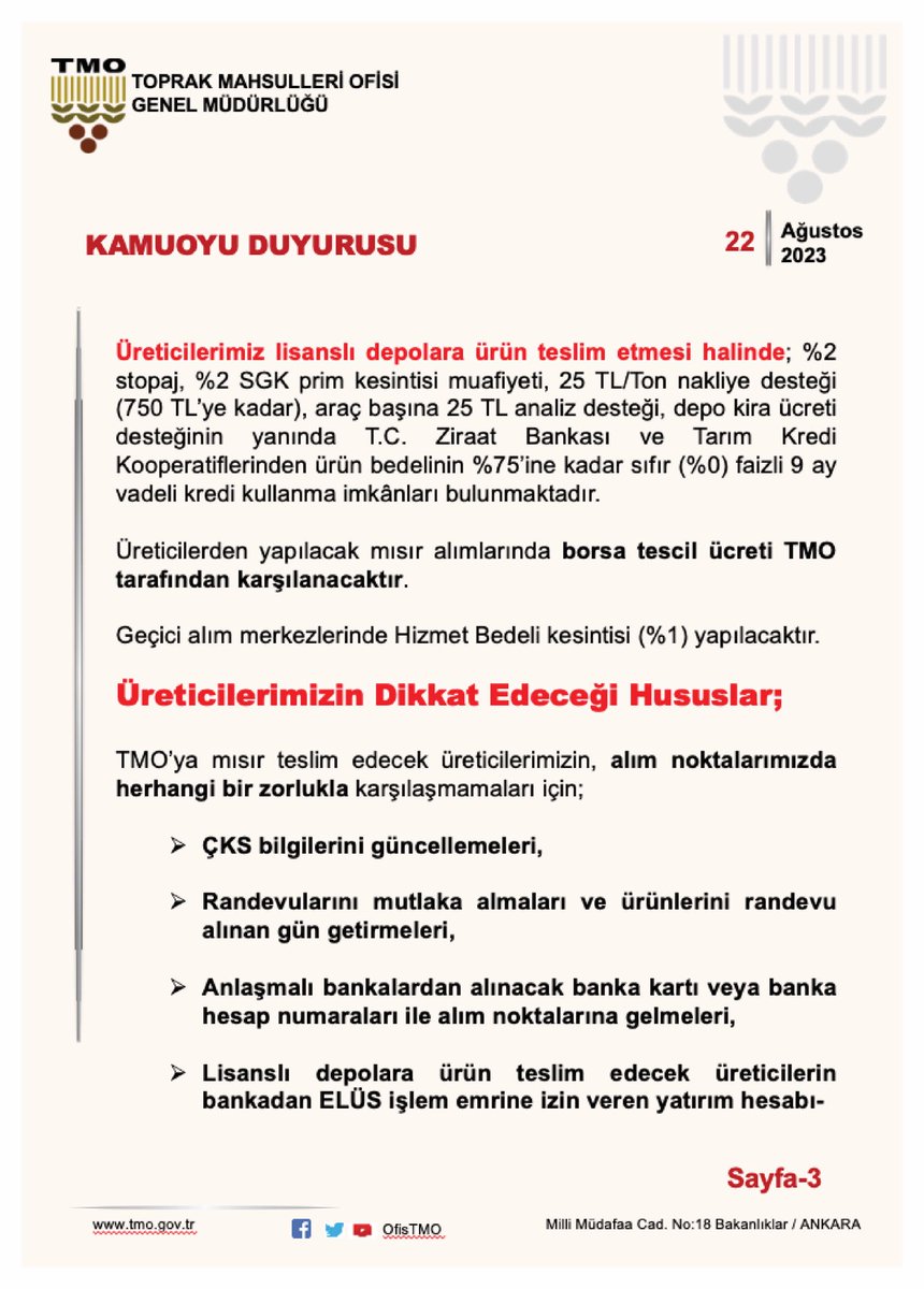 OfisTMO's tweet photo. MISIR ALIMLARI
BAŞLIYOR
 
Toprak Mahsulleri Ofisi 2023 sezonu mısır alım fiyatı ton başına 6.000 TL olarak belirlendi. https://t.co/8FizNli7ck