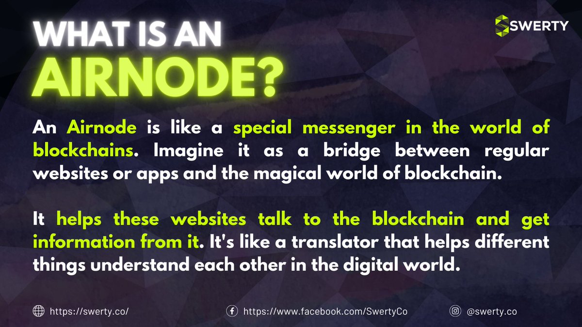 SwertyCo's tweet photo. Ever wondered🤔how blockchain data gets connected to real-world information?🌍

Meet Airnodes, the bridge between the digital and physical.🤝They make sure your smart contracts are always up to date!

Follow @SwertyCo for more latest #Web3-related news, contents, and insights.🟢 https://t.co/I52bIWkZXk