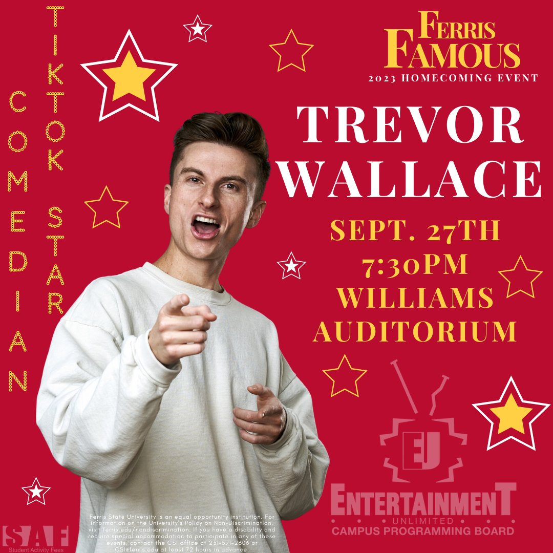 FerrisEU's tweet image. We are excited to announce that on September 27th at 7:30PM, we are hosting FSU's Annual Homecoming Comedy Show starring stand-up comedian, Trevor Wallace at Williams Auditorium! Doors 6:30pm w/ FSU Student ID | 7pm Public.

#fsu #ferrisstate #comedian #comedy #trevorwallace