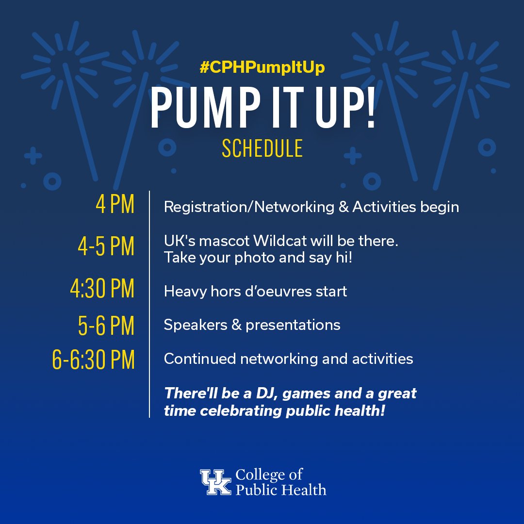 UKCPH's tweet photo. TODAY IS THE DAY! Come out to the Gatton Student Center Grand Ballroom A/B from 4-6:30PM for fun, games, giveaways, speakers and more! Students have a chance to win tickets, reserved parking, CPH swag and UK merch! We can't wait to see you all there! #CPHPumpItUp https://t.co/wMw6ivRxbn