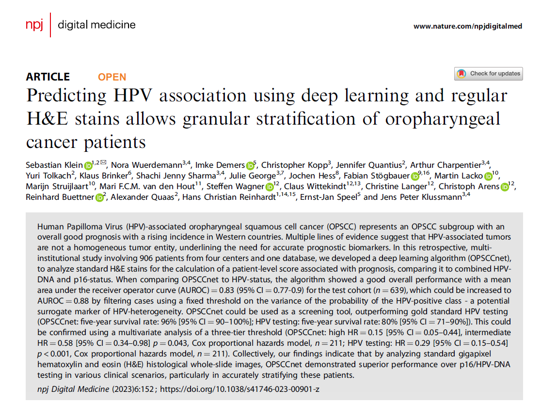 npjDigitalMed's tweet photo. A novel deep learning tool could potentially outdo standard HPV tests in predicting oropharyngeal cancer outcomes, using tissue stain analysis for precise patient grouping.

https://t.co/1MId5YNhFo https://t.co/wPrDMuLsJi