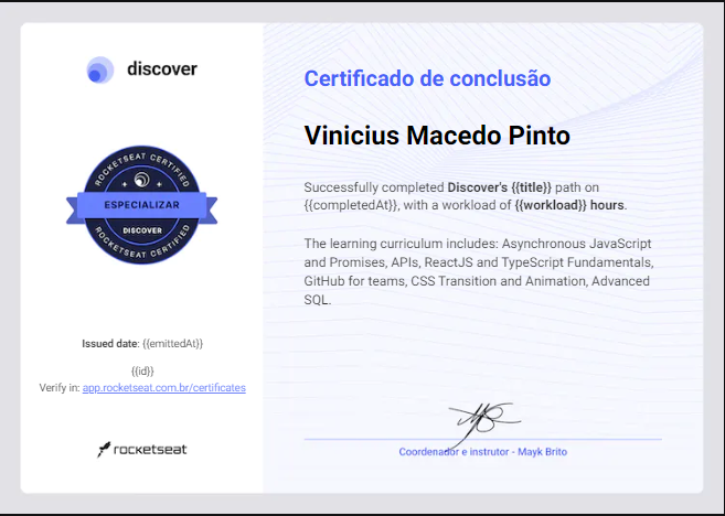 VMPIlustra's tweet photo. No aguardo de uma, conclúo outra etapa! Trilha Especializar do Discover da @rocketseat! Obrigado, pelo tanto de conteúdo de programação! #programming #developers #learning #reactjs #github #APIs #SQL https://t.co/pvrqrbd5yM