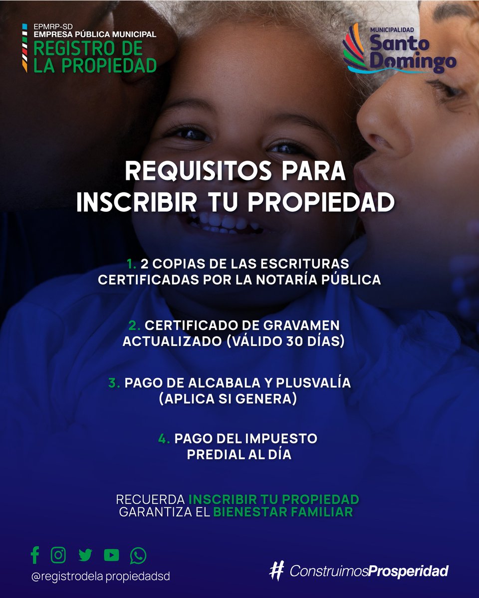 RPropiedadSD's tweet photo. Cuando solicites una inscripción ten en cuenta estos requisitos:

-2 copias de las escrituras  certificadas por la Notaría Pública.
- Certificado de gravamen actualizado (válido por 30 días).
-Pago de alcabala y plusvalía (aplica si genera).
-Pago del impuesto predial al día. https://t.co/P9LXEHO2C1