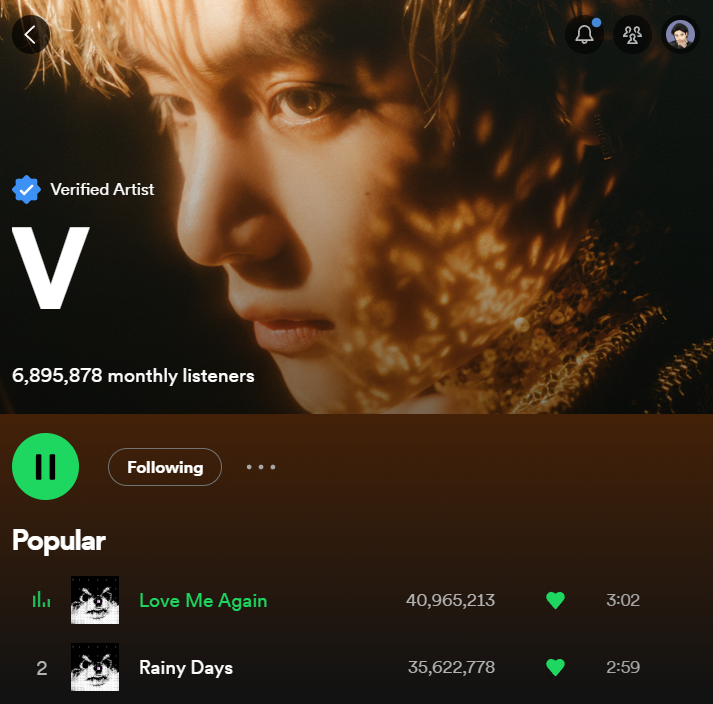 smol_kia's tweet photo. 100M soon for Layover! 
Be sure to also play from V's direct profile in Spotify everyday to increase his monthly listeners! https://t.co/4TdVyeiqDf