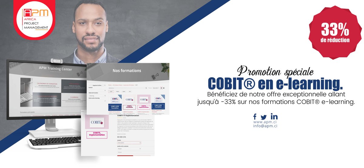 APM_CI's tweet image. Bénéficiez de la promotion sur nos formations COBIT® en e-learning avec jusqu&apos;à 33% de réduction.
Cette offre est valable jusqu&apos;au 10 septembre 2023. Pour en savoir plus : urlz.fr/nis7
Contact: sales@apm.ci ou (+225) 27 22 44 32 78 /07 99 14 14 99 (appel ou WhatsApp).
